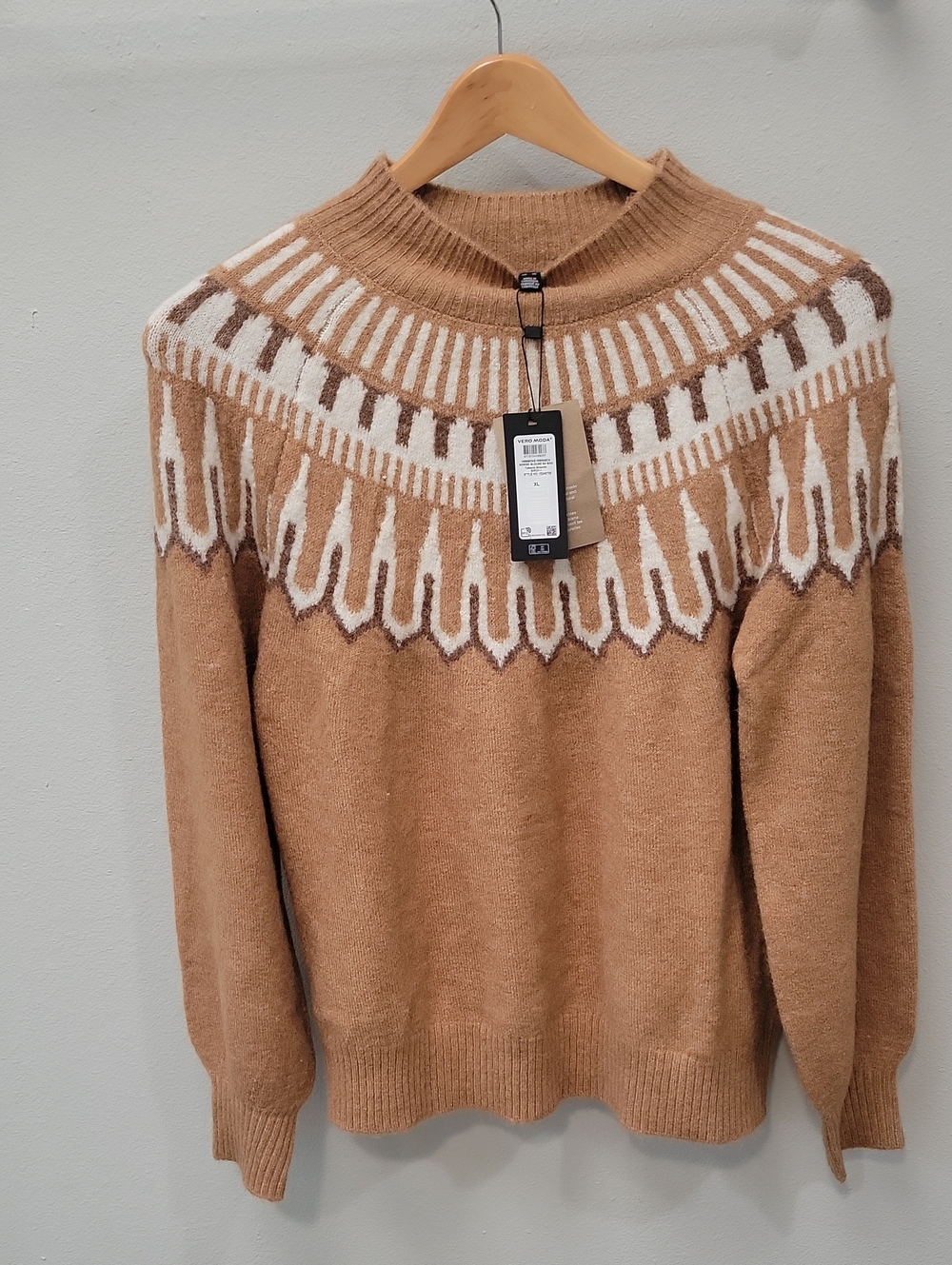 Vero Moda Camel Crewneck Sweater with Cream Patterned Yoke